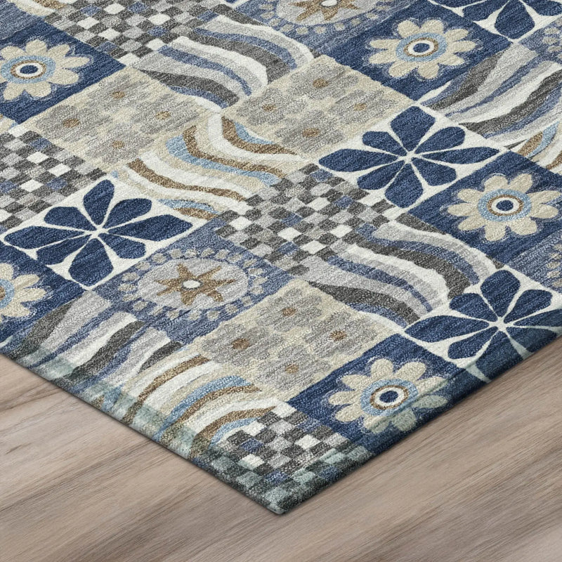 9' X 12' Navy Blue And Blue Floral Washable Indoor Outdoor Area Rug Homeroots Outdoor