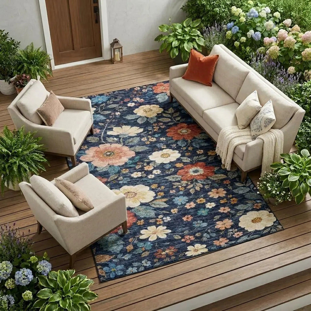 9' X 12' Navy Blue And Blue Floral Washable Indoor Outdoor Area Rug Homeroots Outdoor