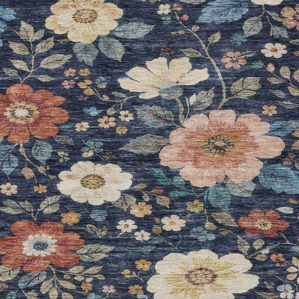 9' X 12' Navy Blue And Blue Floral Washable Indoor Outdoor Area Rug Homeroots Outdoor
