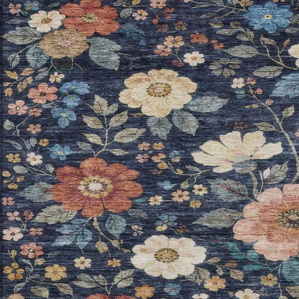9' X 12' Navy Blue And Blue Floral Washable Indoor Outdoor Area Rug Homeroots Outdoor