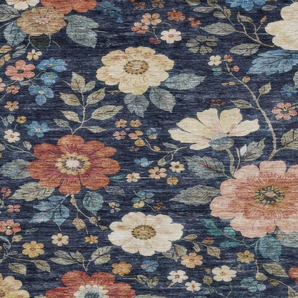 9' X 12' Navy Blue And Blue Floral Washable Indoor Outdoor Area Rug Homeroots Outdoor