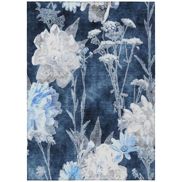 9' X 12' Navy Blue And Blue Floral Washable Indoor Outdoor Area Rug Homeroots Outdoor