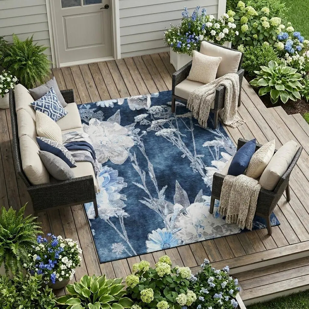 9' X 12' Navy Blue And Blue Floral Washable Indoor Outdoor Area Rug Homeroots Outdoor