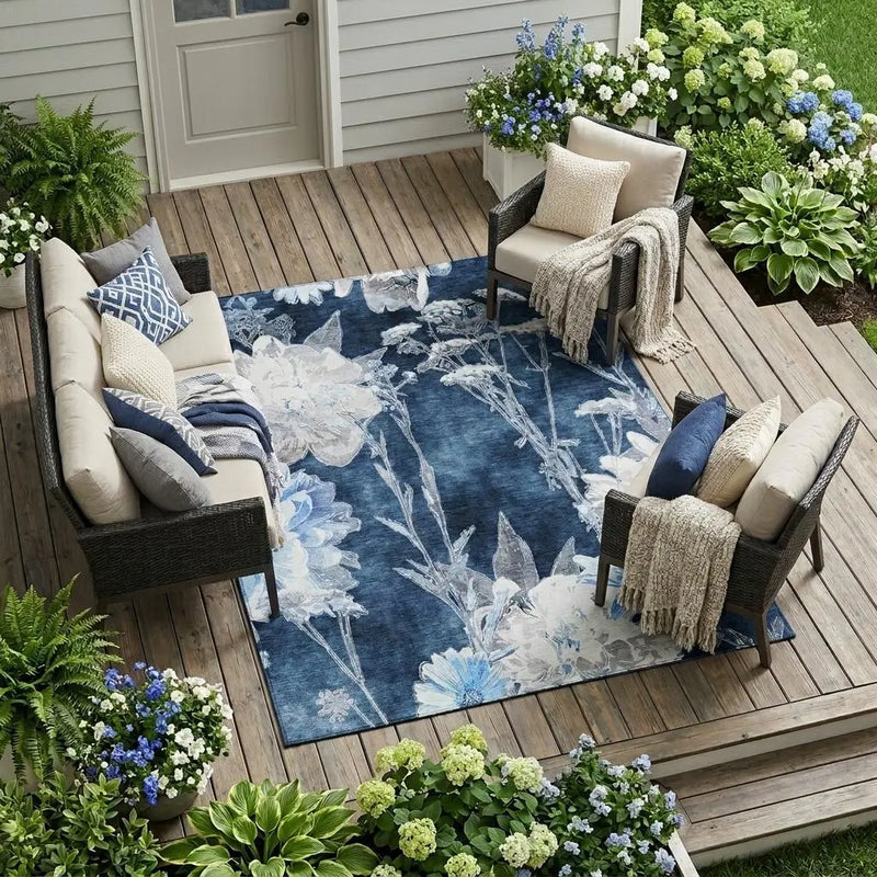 9' X 12' Navy Blue And Blue Floral Washable Indoor Outdoor Area Rug Homeroots Outdoor