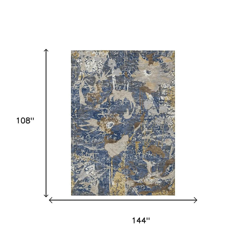 9' X 12' Navy Blue And Blue Floral Washable Indoor Outdoor Area Rug Homeroots Outdoor