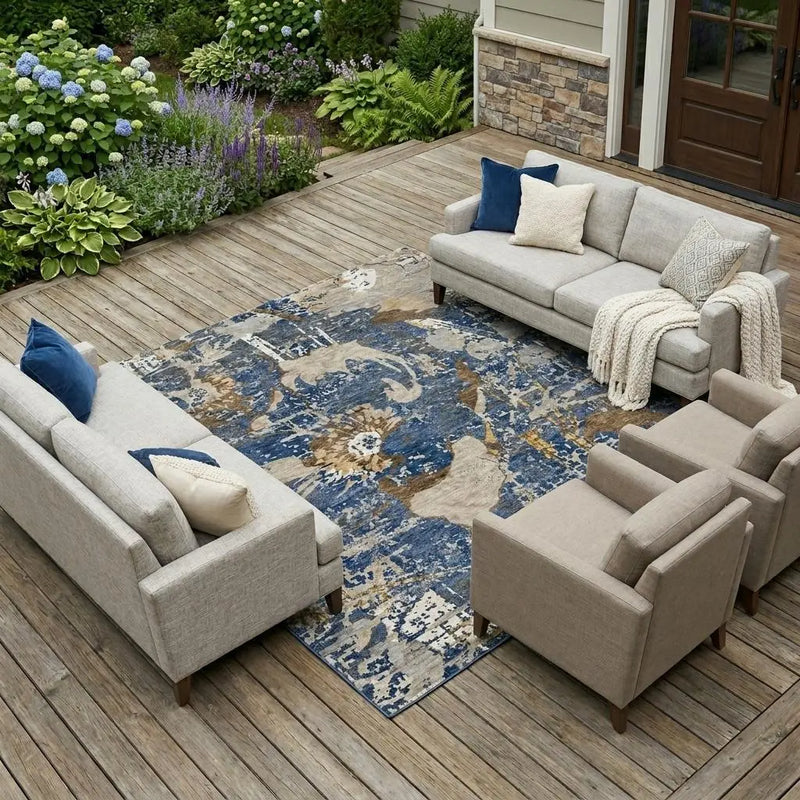 9' X 12' Navy Blue And Blue Floral Washable Indoor Outdoor Area Rug Homeroots Outdoor