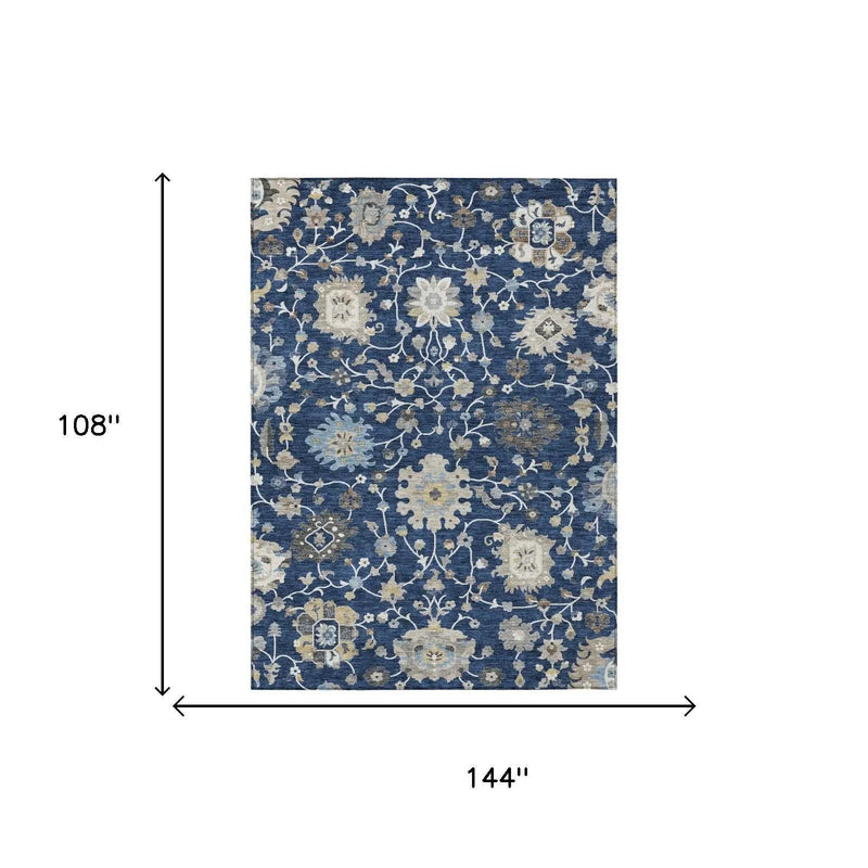 9' X 12' Navy Blue And Blue Floral Washable Indoor Outdoor Area Rug Homeroots Outdoor