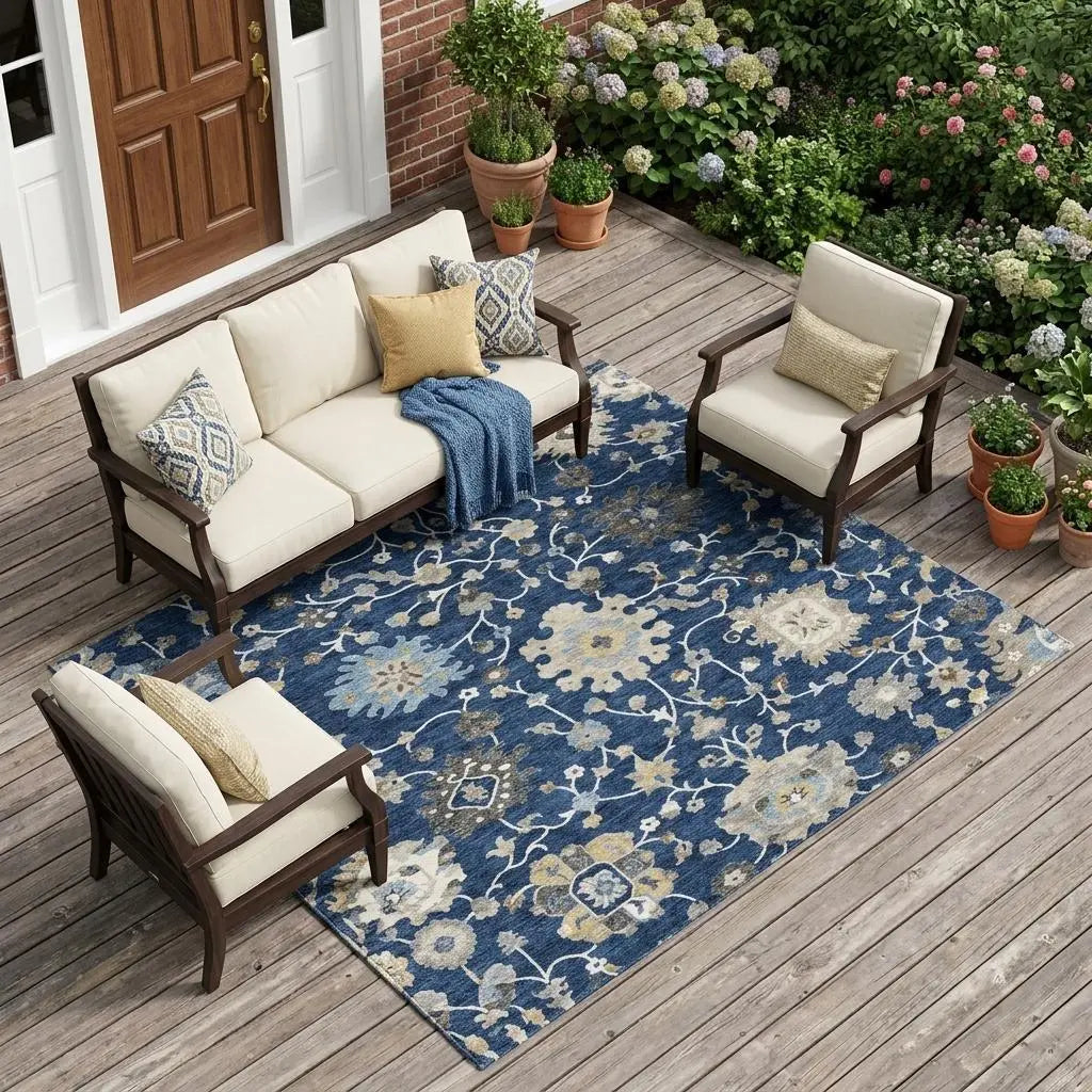 9' X 12' Navy Blue And Blue Floral Washable Indoor Outdoor Area Rug Homeroots Outdoor