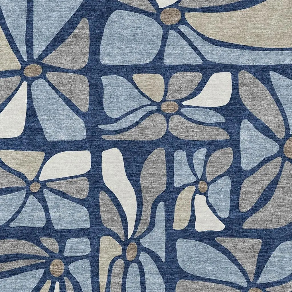 9' X 12' Navy Blue And Blue Floral Washable Indoor Outdoor Area Rug Homeroots Outdoor