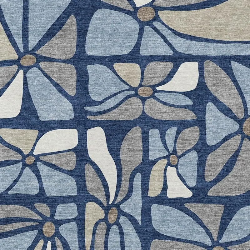 9' X 12' Navy Blue And Blue Floral Washable Indoor Outdoor Area Rug Homeroots Outdoor