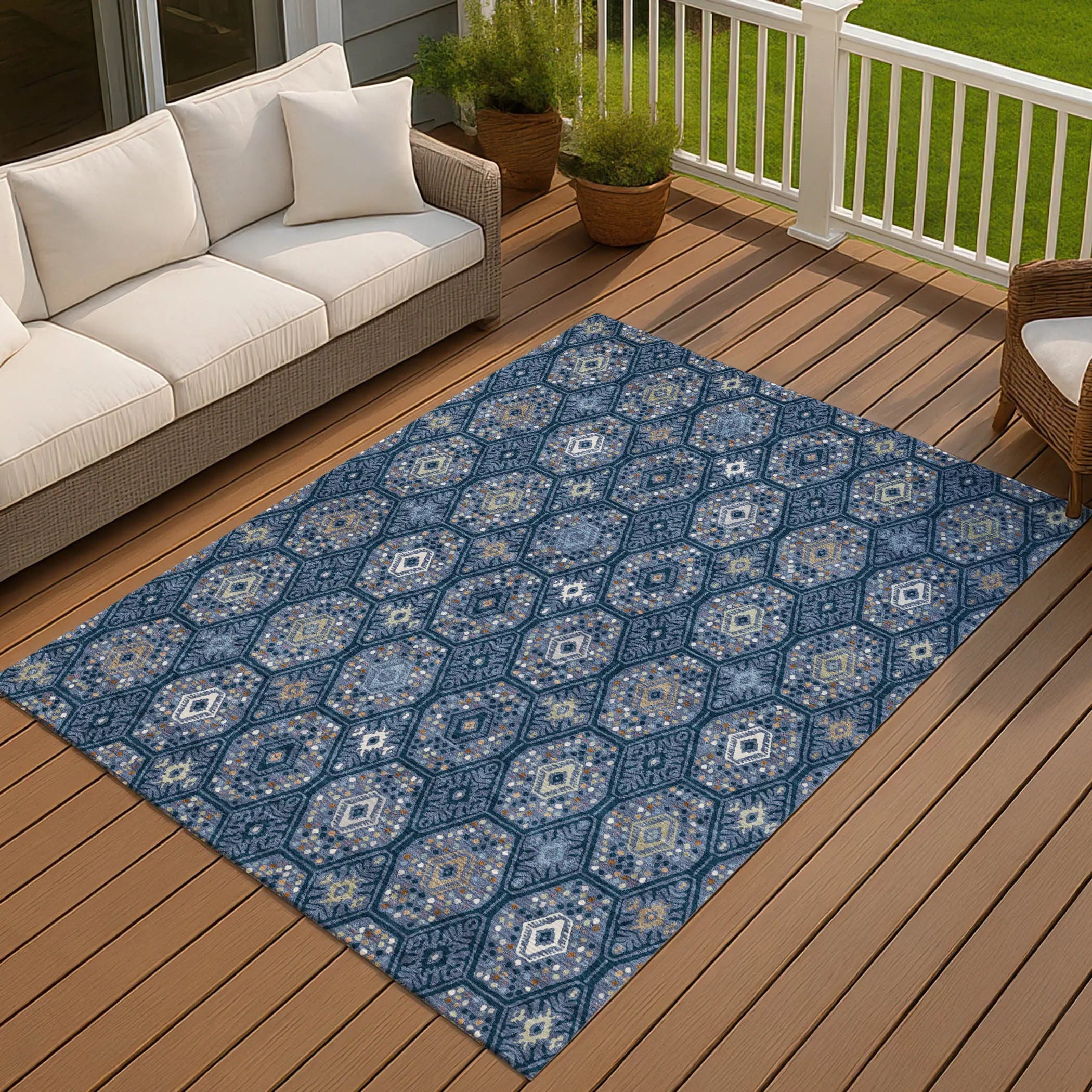 9' X 12' Navy Blue And Blue Geometric Washable Indoor Outdoor Area Rug Homeroots Outdoor