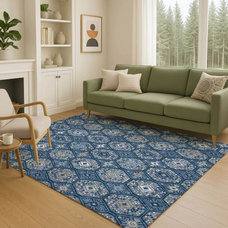 9' X 12' Navy Blue And Blue Geometric Washable Indoor Outdoor Area Rug Homeroots Outdoor
