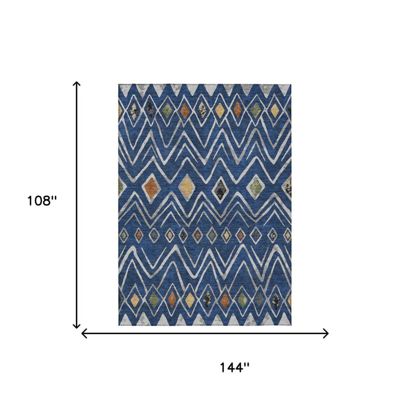9' X 12' Navy Blue And Blue Geometric Washable Indoor Outdoor Area Rug Homeroots Outdoor