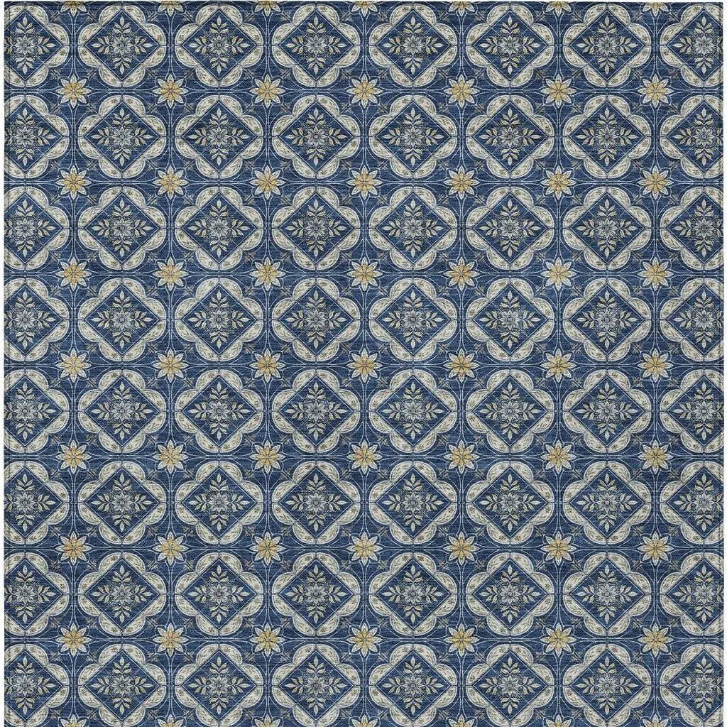 9' X 12' Navy Blue And Blue Geometric Washable Indoor Outdoor Area Rug Homeroots Outdoor