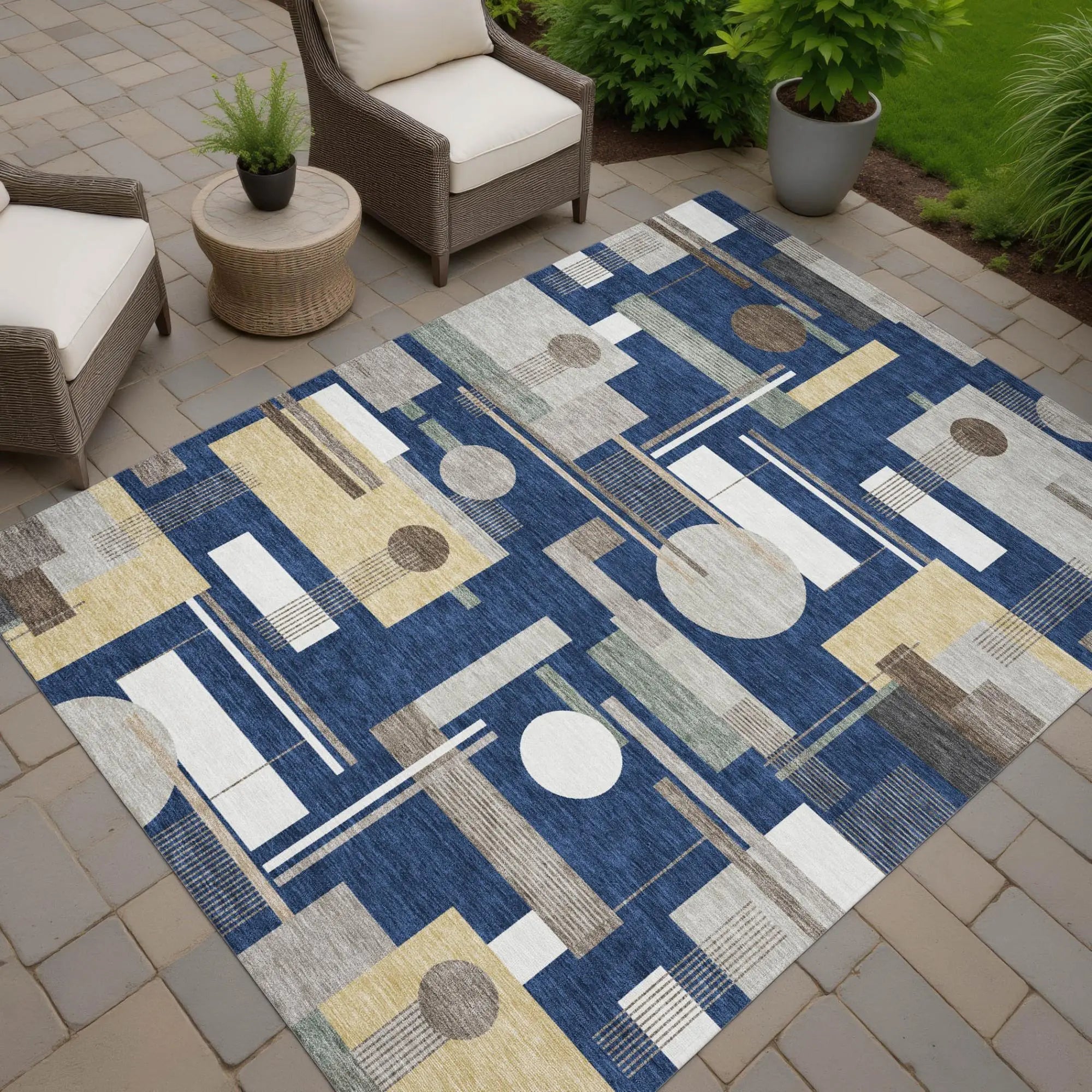 9' X 12' Navy Blue And Blue Geometric Washable Indoor Outdoor Area Rug Homeroots Outdoor