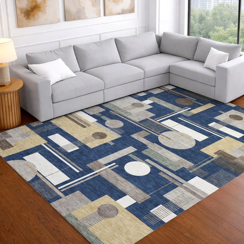 9' X 12' Navy Blue And Blue Geometric Washable Indoor Outdoor Area Rug Homeroots Outdoor