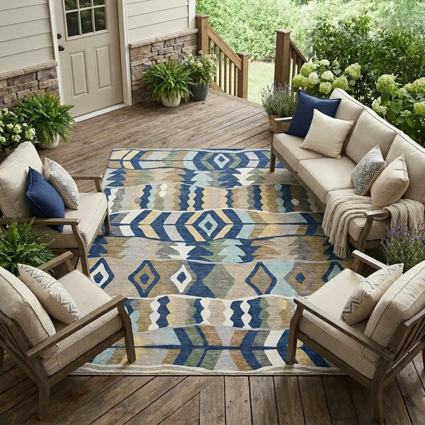 9' X 12' Navy Blue And Blue Geometric Washable Indoor Outdoor Area Rug Homeroots Outdoor