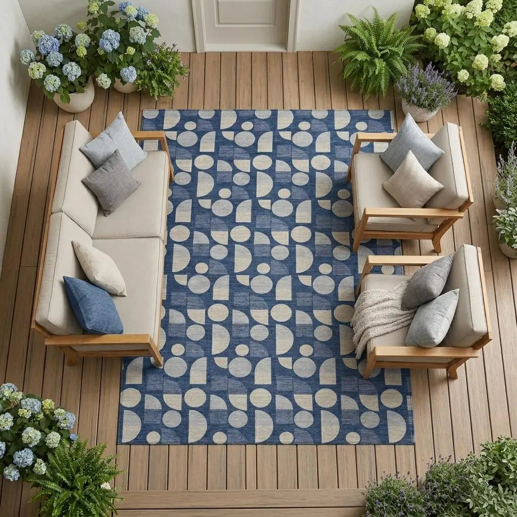 9' X 12' Navy Blue And Blue Geometric Washable Indoor Outdoor Area Rug Homeroots Outdoor