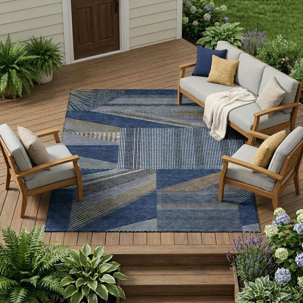 9' X 12' Navy Blue And Blue Geometric Washable Indoor Outdoor Area Rug Homeroots Outdoor
