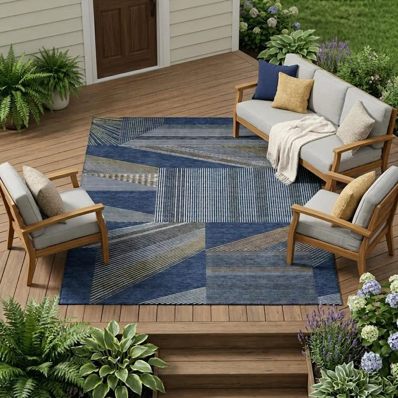 9' X 12' Navy Blue And Blue Geometric Washable Indoor Outdoor Area Rug Homeroots Outdoor