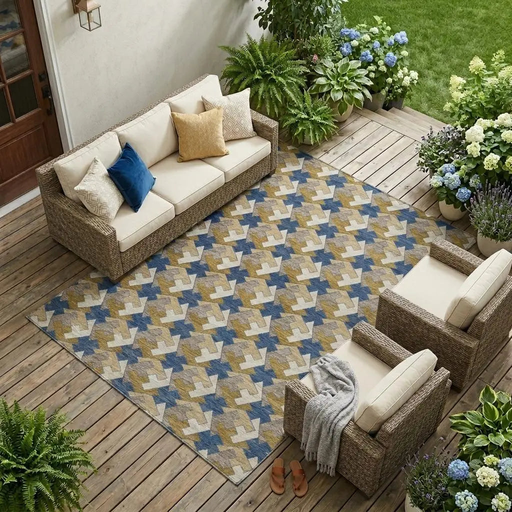 9' X 12' Navy Blue And Blue Geometric Washable Indoor Outdoor Area Rug Homeroots Outdoor