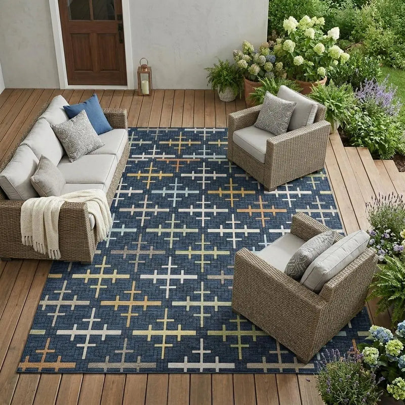 9' X 12' Navy Blue And Blue Geometric Washable Indoor Outdoor Area Rug Homeroots Outdoor