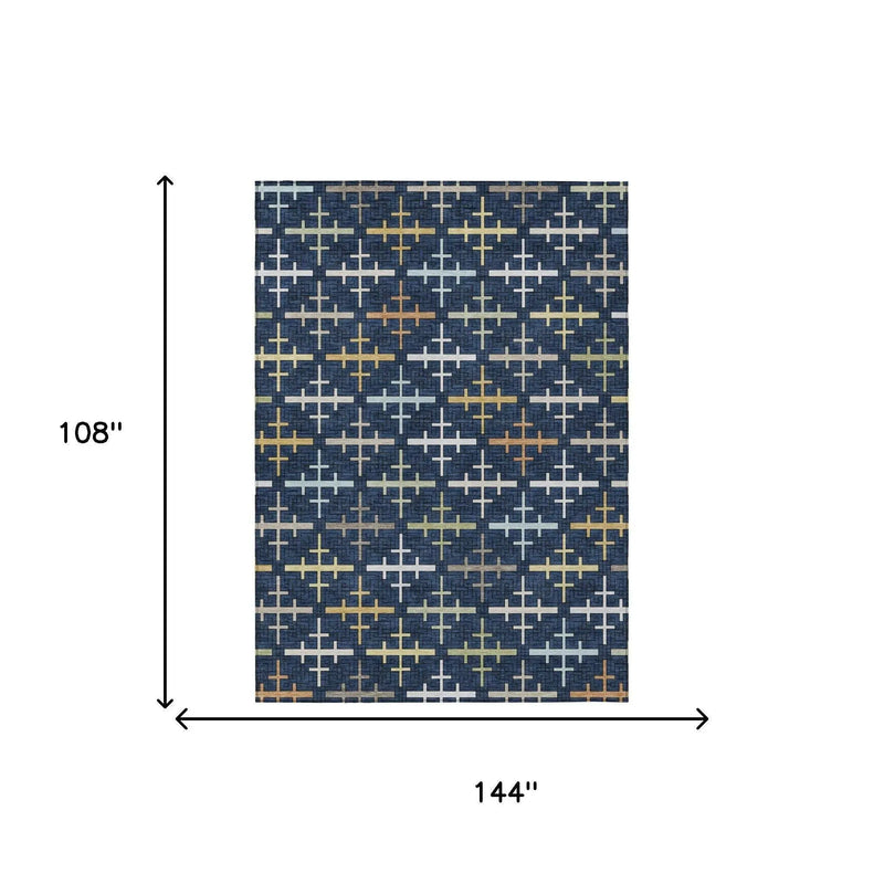 9' X 12' Navy Blue And Blue Geometric Washable Indoor Outdoor Area Rug Homeroots Outdoor