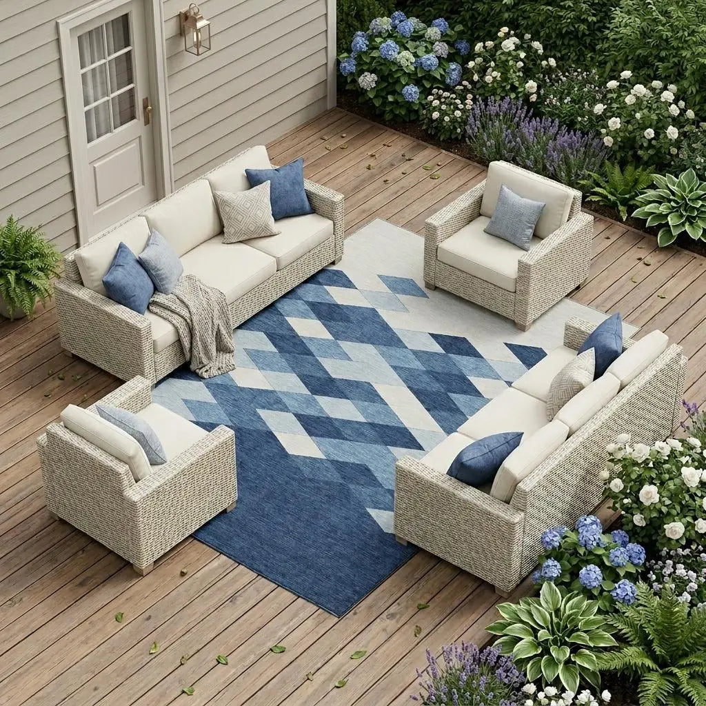 9' X 12' Navy Blue And Blue Geometric Washable Indoor Outdoor Area Rug Homeroots Outdoor