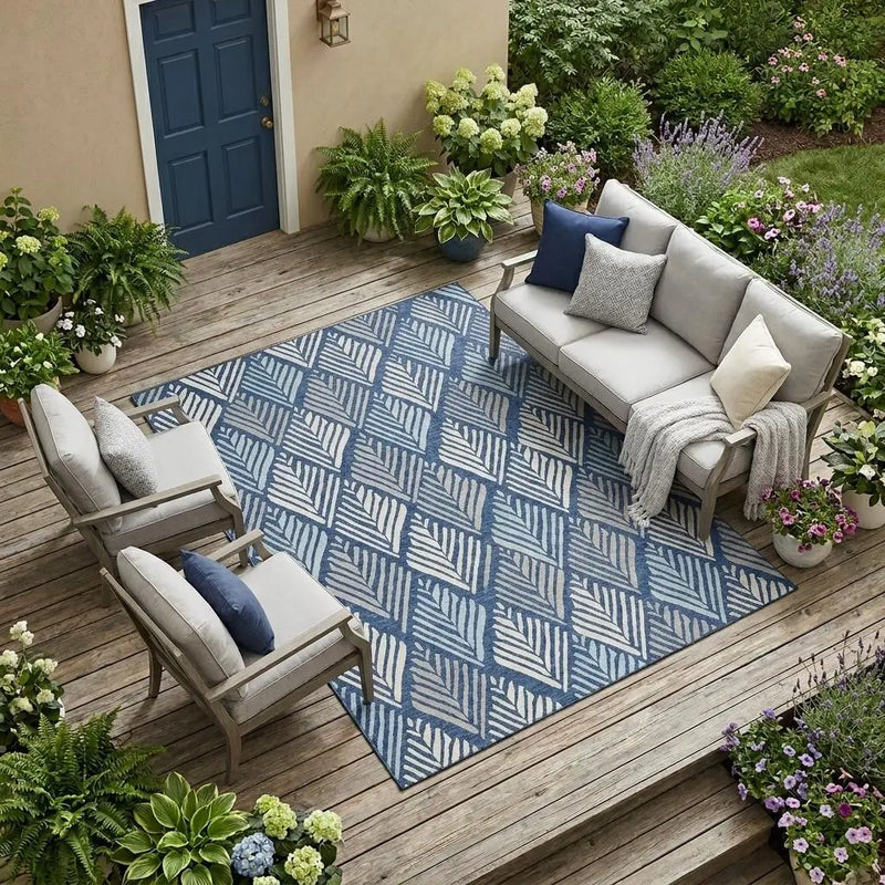 9' X 12' Navy Blue And Blue Geometric Washable Indoor Outdoor Area Rug Homeroots Outdoor