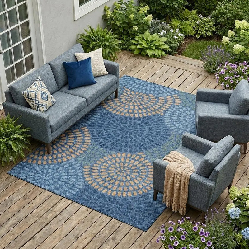 9' X 12' Navy Blue And Blue Geometric Washable Indoor Outdoor Area Rug Homeroots Outdoor