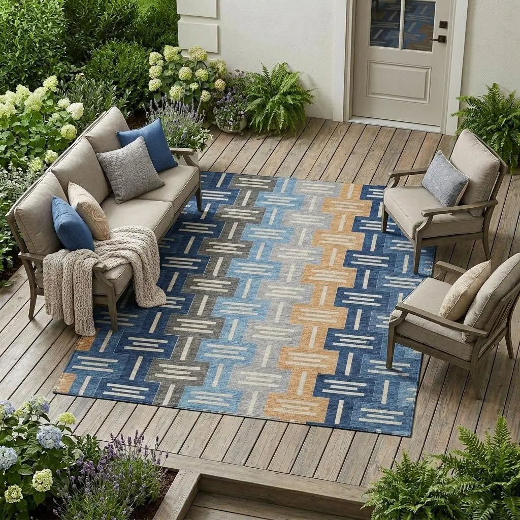 9' X 12' Navy Blue And Blue Geometric Washable Indoor Outdoor Area Rug Homeroots Outdoor