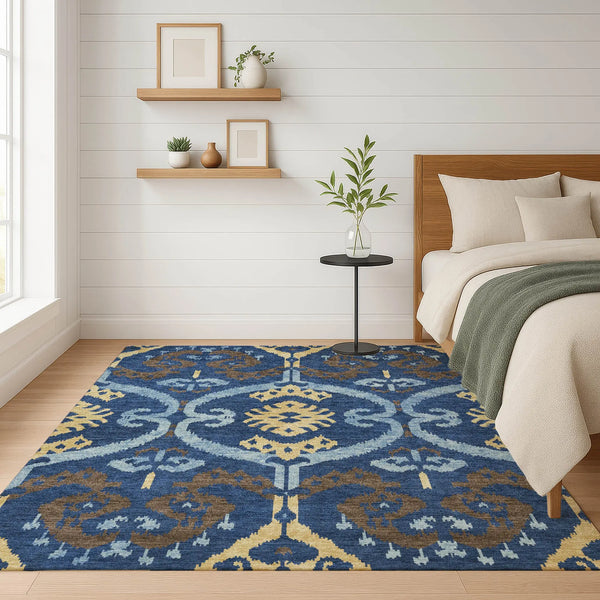 9' X 12' Navy Blue And Blue Ikat Washable Indoor Outdoor Area Rug Homeroots Outdoor