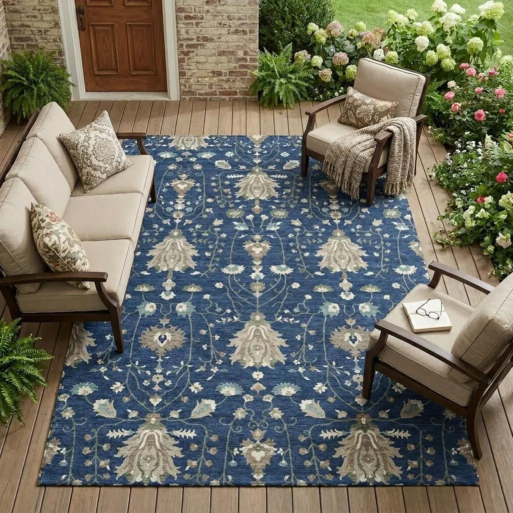 9' X 12' Navy Blue And Blue Oriental Washable Indoor Outdoor Area Rug Homeroots Outdoor