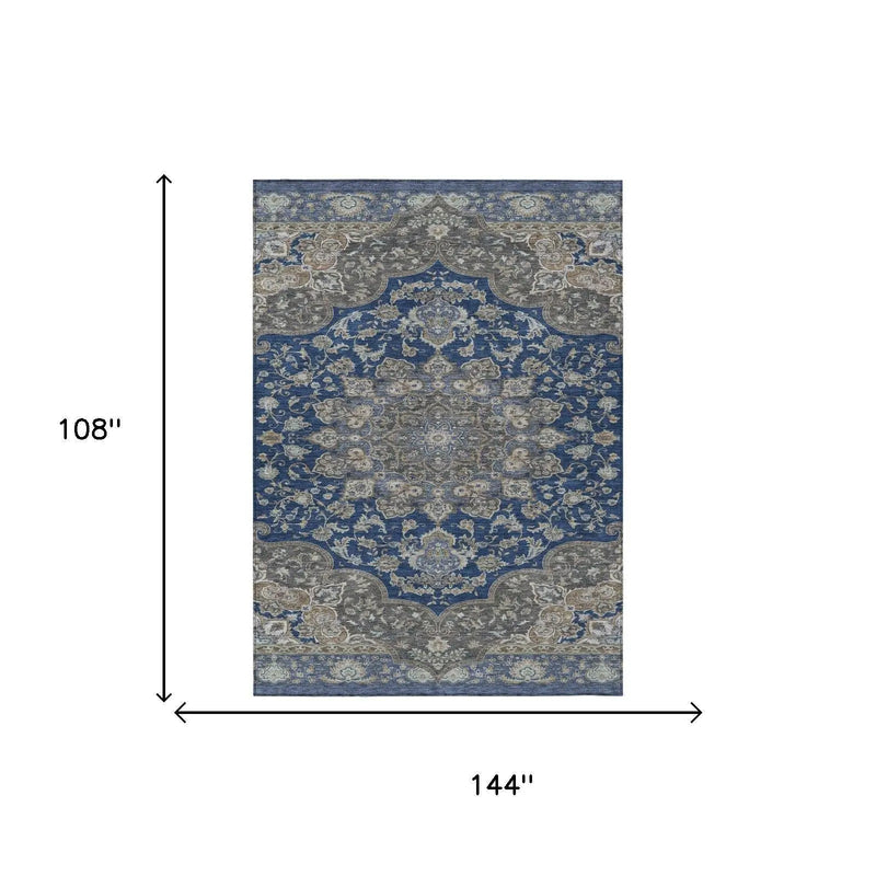 9' X 12' Navy Blue And Blue Oriental Washable Indoor Outdoor Area Rug Homeroots Outdoor