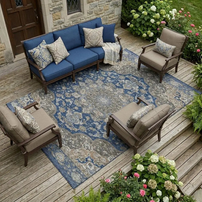 9' X 12' Navy Blue And Blue Oriental Washable Indoor Outdoor Area Rug Homeroots Outdoor