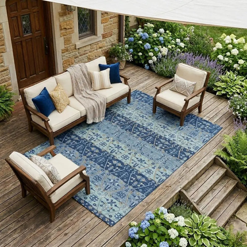 9' X 12' Navy Blue And Blue Oriental Washable Indoor Outdoor Area Rug Homeroots Outdoor