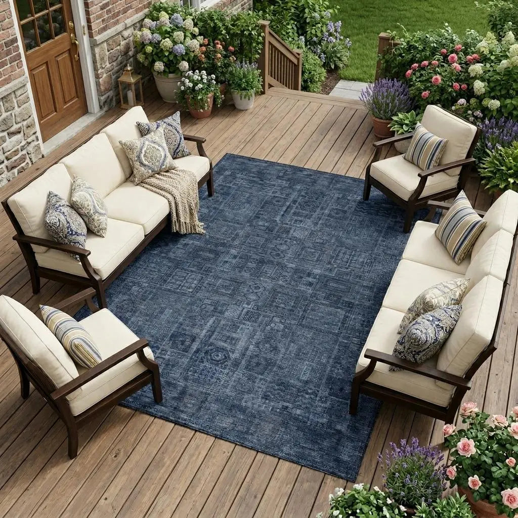 9' X 12' Navy Blue And Blue Oriental Washable Indoor Outdoor Area Rug Homeroots Outdoor
