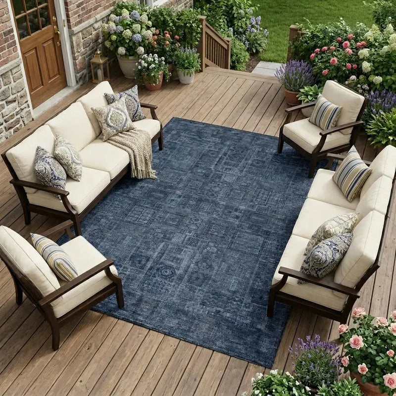 9' X 12' Navy Blue And Blue Oriental Washable Indoor Outdoor Area Rug Homeroots Outdoor