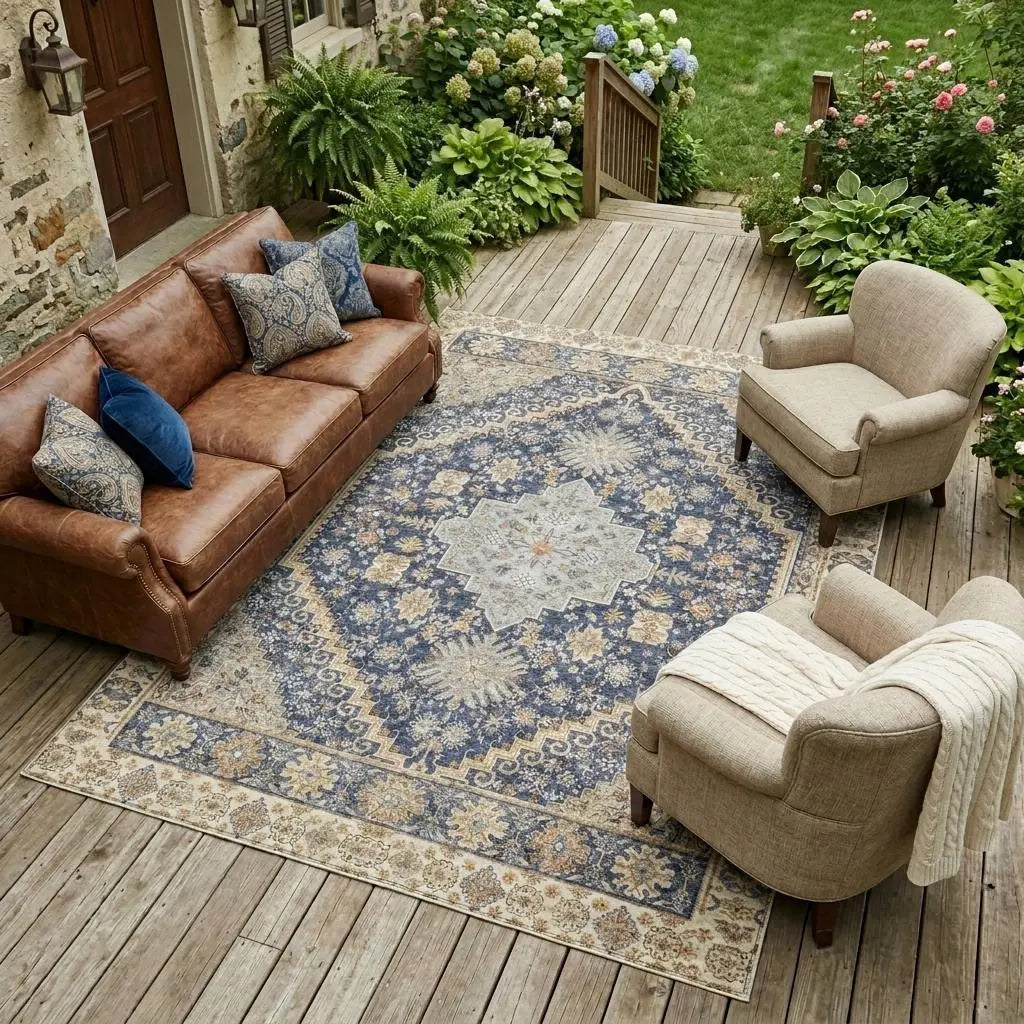 9' X 12' Navy Blue And Blue Oriental Washable Indoor Outdoor Area Rug Homeroots Outdoor