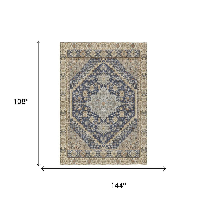 9' X 12' Navy Blue And Blue Oriental Washable Indoor Outdoor Area Rug Homeroots Outdoor