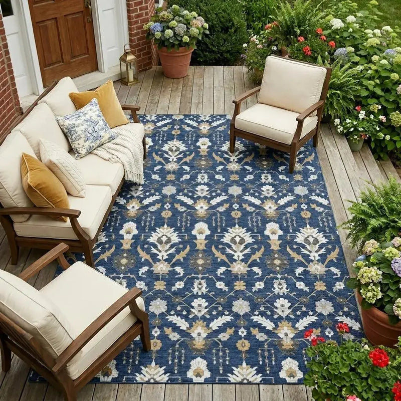 9' X 12' Navy Blue And Blue Oriental Washable Indoor Outdoor Area Rug Homeroots Outdoor