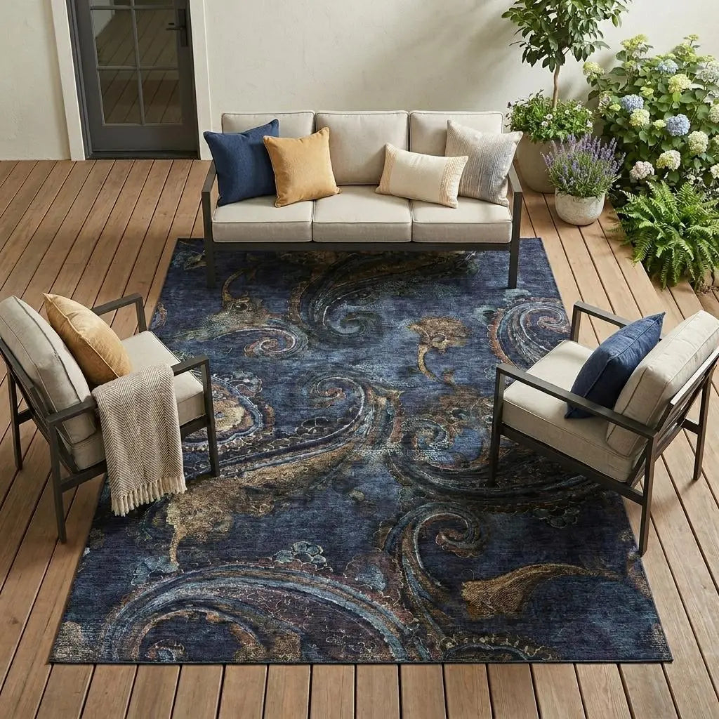 9' X 12' Navy Blue And Blue Paisley Washable Indoor Outdoor Area Rug Homeroots Outdoor