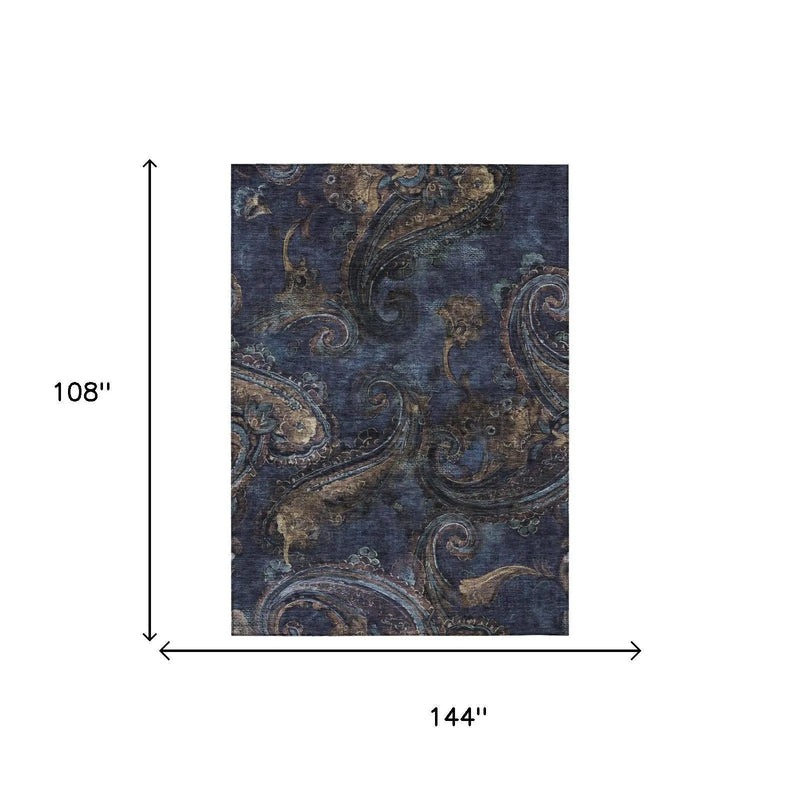 9' X 12' Navy Blue And Blue Paisley Washable Indoor Outdoor Area Rug Homeroots Outdoor