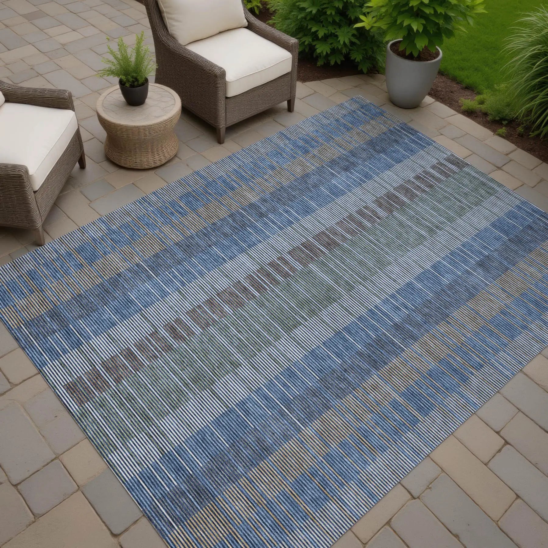 9' X 12' Navy Blue And Blue Striped Washable Indoor Outdoor Area Rug Homeroots Outdoor