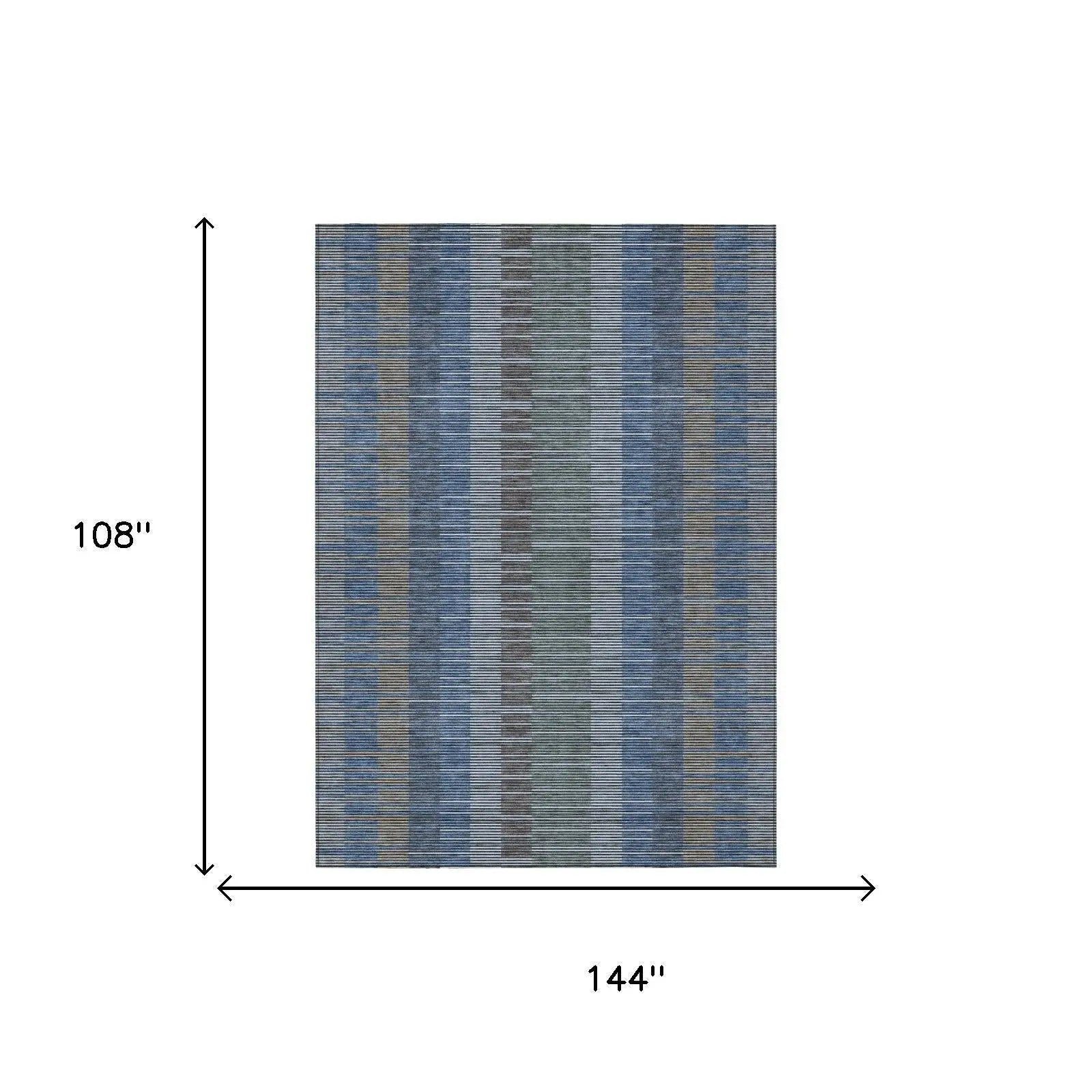 Blue and gray striped area rug, 9x12 ft, woven from durable materials, perfect for modern home decor.