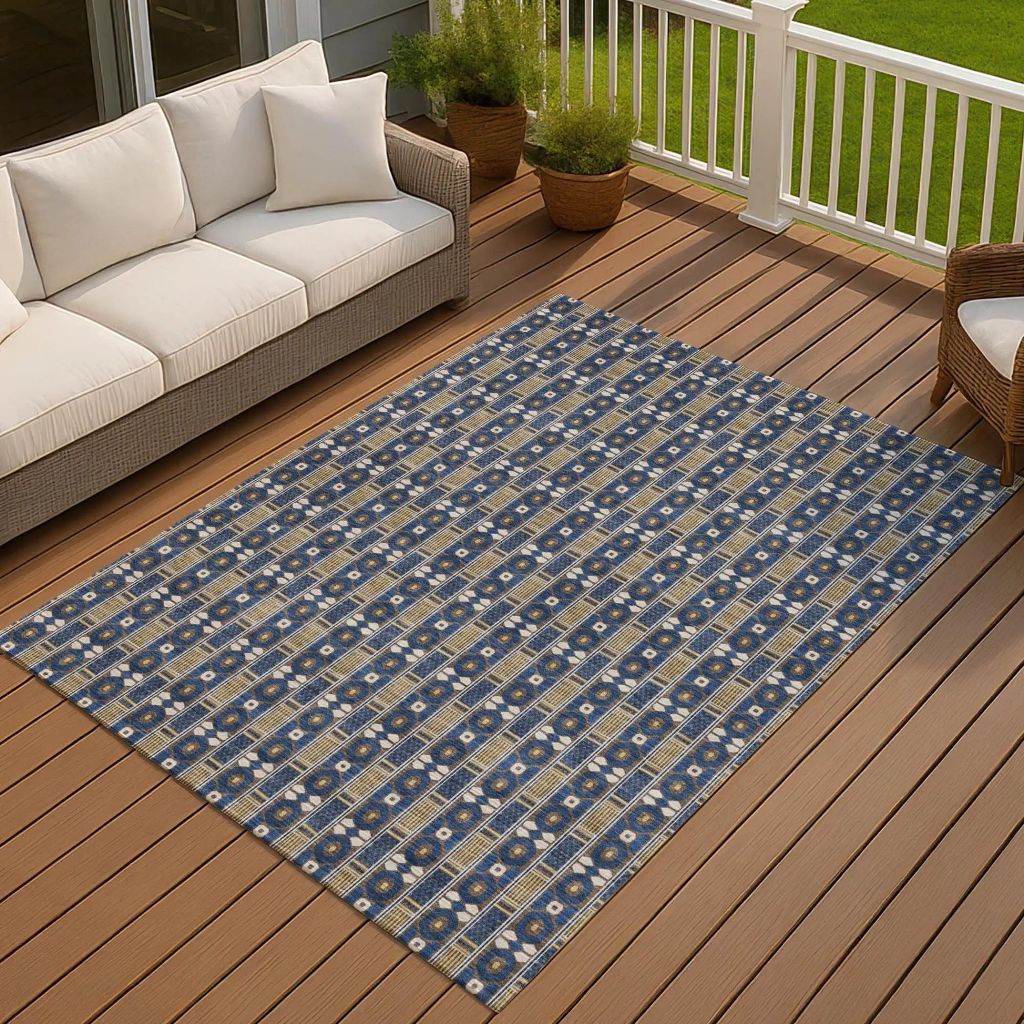 9' X 12' Navy Blue And Blue Striped Washable Indoor Outdoor Area Rug Homeroots Outdoor