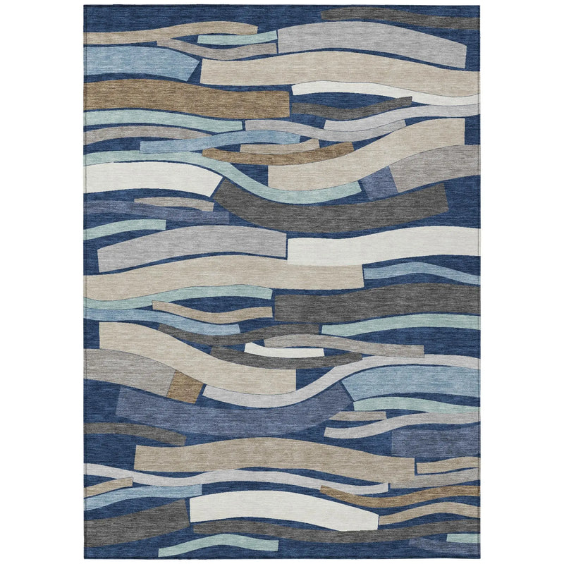 9' X 12' Navy Blue And Blue Striped Washable Indoor Outdoor Area Rug Homeroots Outdoor