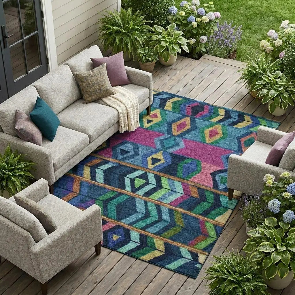 9' X 12' Navy Blue And Blue Tribal Washable Indoor Outdoor Area Rug Homeroots Outdoor