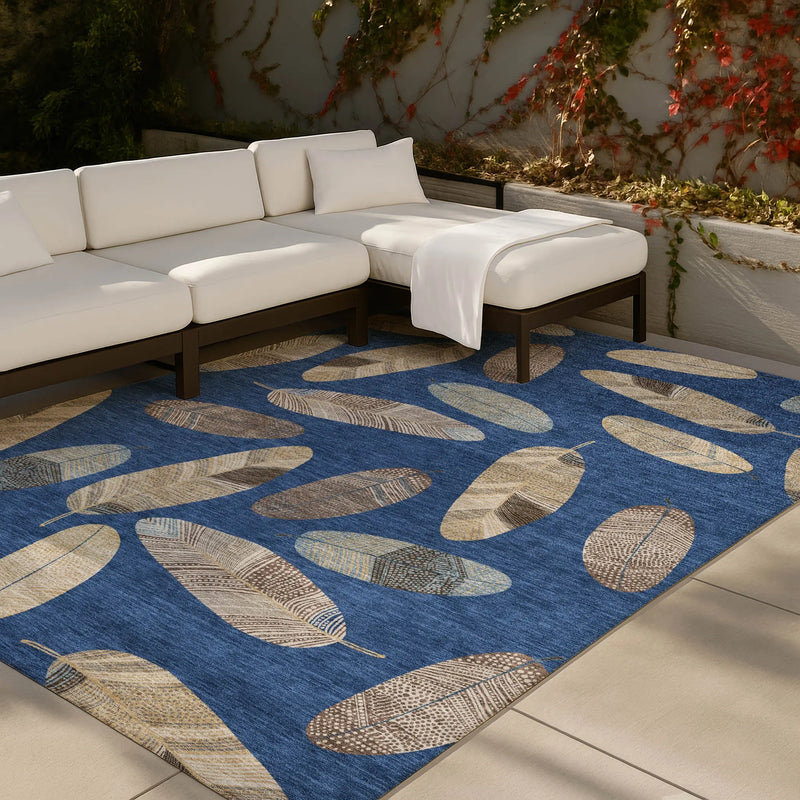 9' X 12' Navy Blue And Brown Botanical Leaves Washable Indoor Outdoor Area Rug Homeroots Outdoor