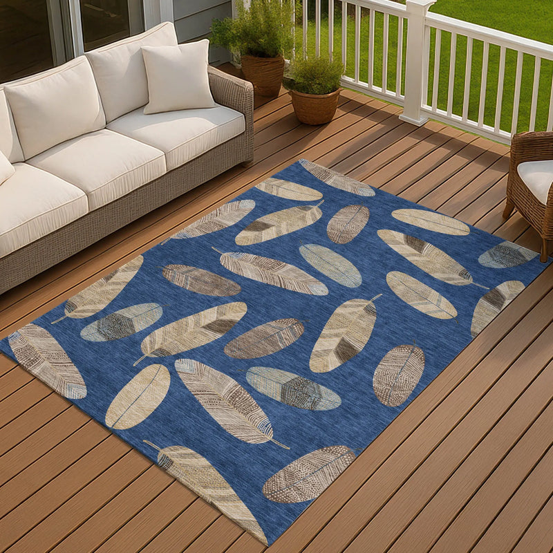 9' X 12' Navy Blue And Brown Botanical Leaves Washable Indoor Outdoor Area Rug Homeroots Outdoor